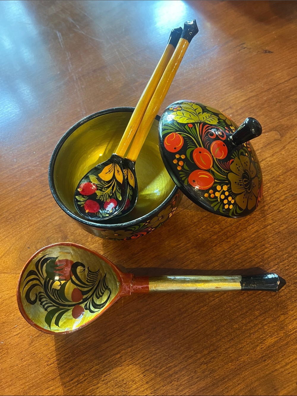 Hand-Painted Russian Khokhloma Wood Bowl & Spoons - Black and Gold